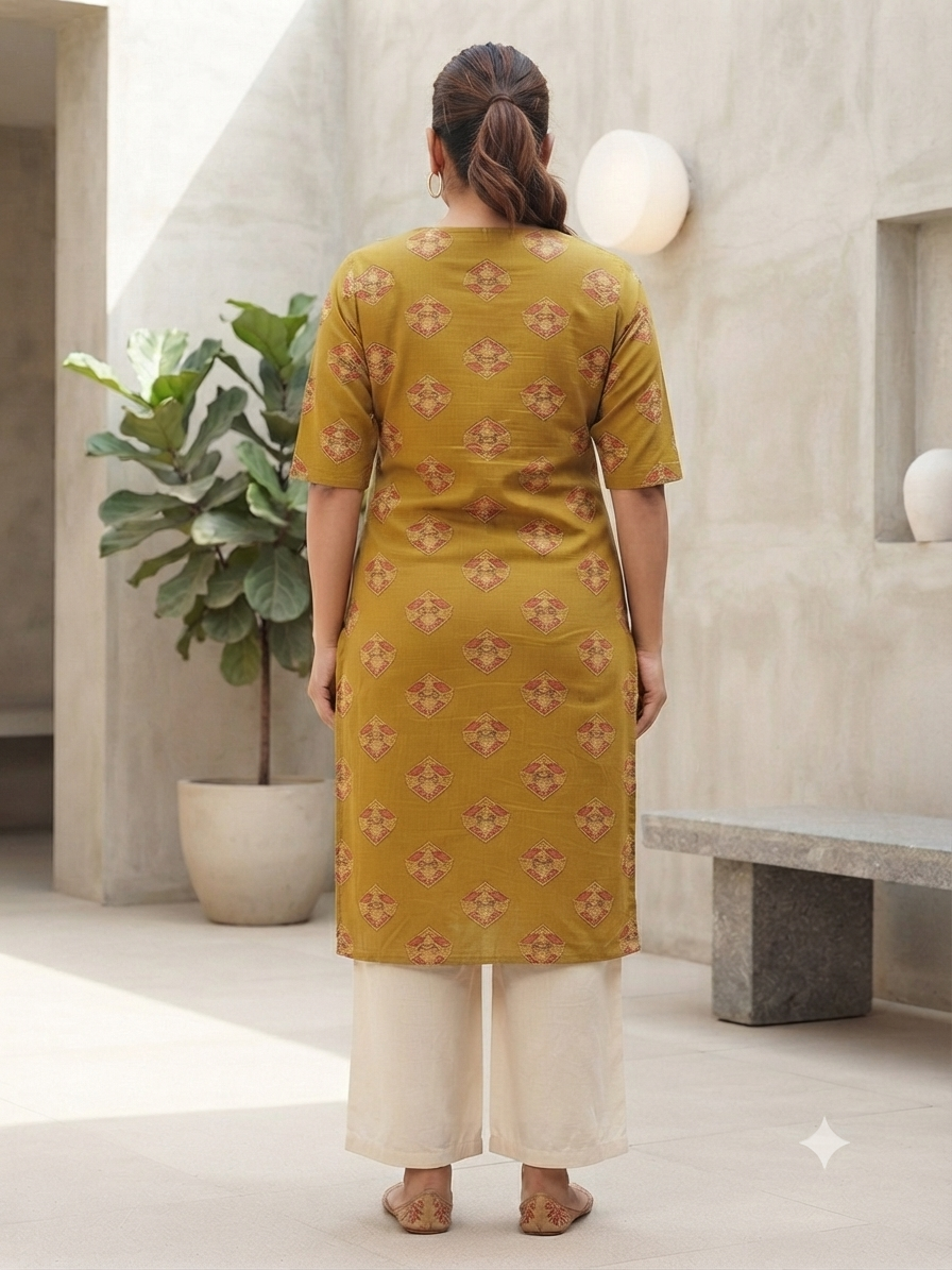 Women’s Mehendi Green Ethnic Motif Printed Cotton Straight-Cut Kurthi with Elbow Sleeves & Pocket