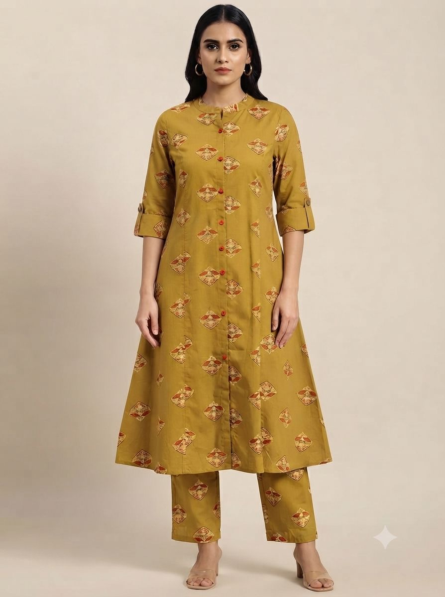 Women's Premium Olive Green Cotton Printed 2-Piece KurtiSet with Chinese Collar, Front Open Buttons, A-Line Princess Cut Top & Straight Pant
