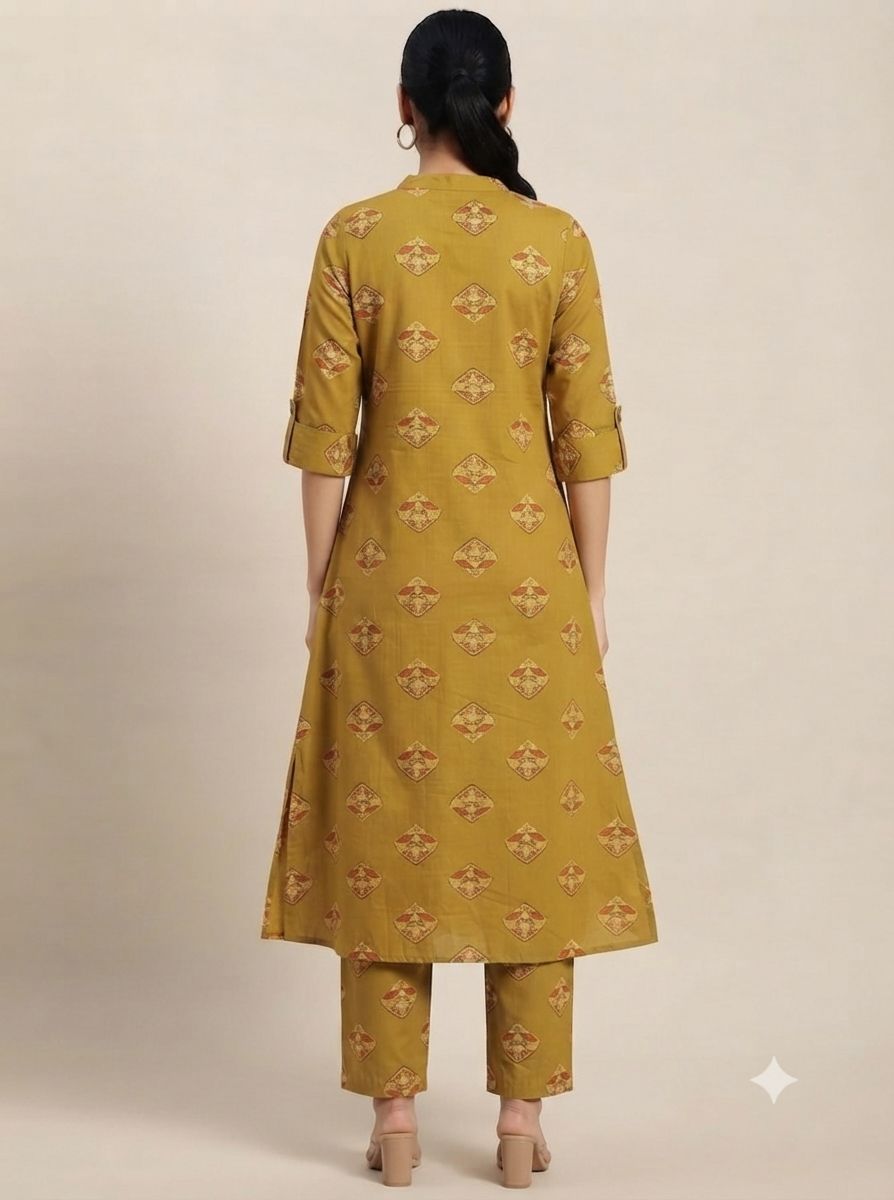 Women's Premium Olive Green Cotton Printed 2-Piece KurtiSet with Chinese Collar, Front Open Buttons, A-Line Princess Cut Top & Straight Pant