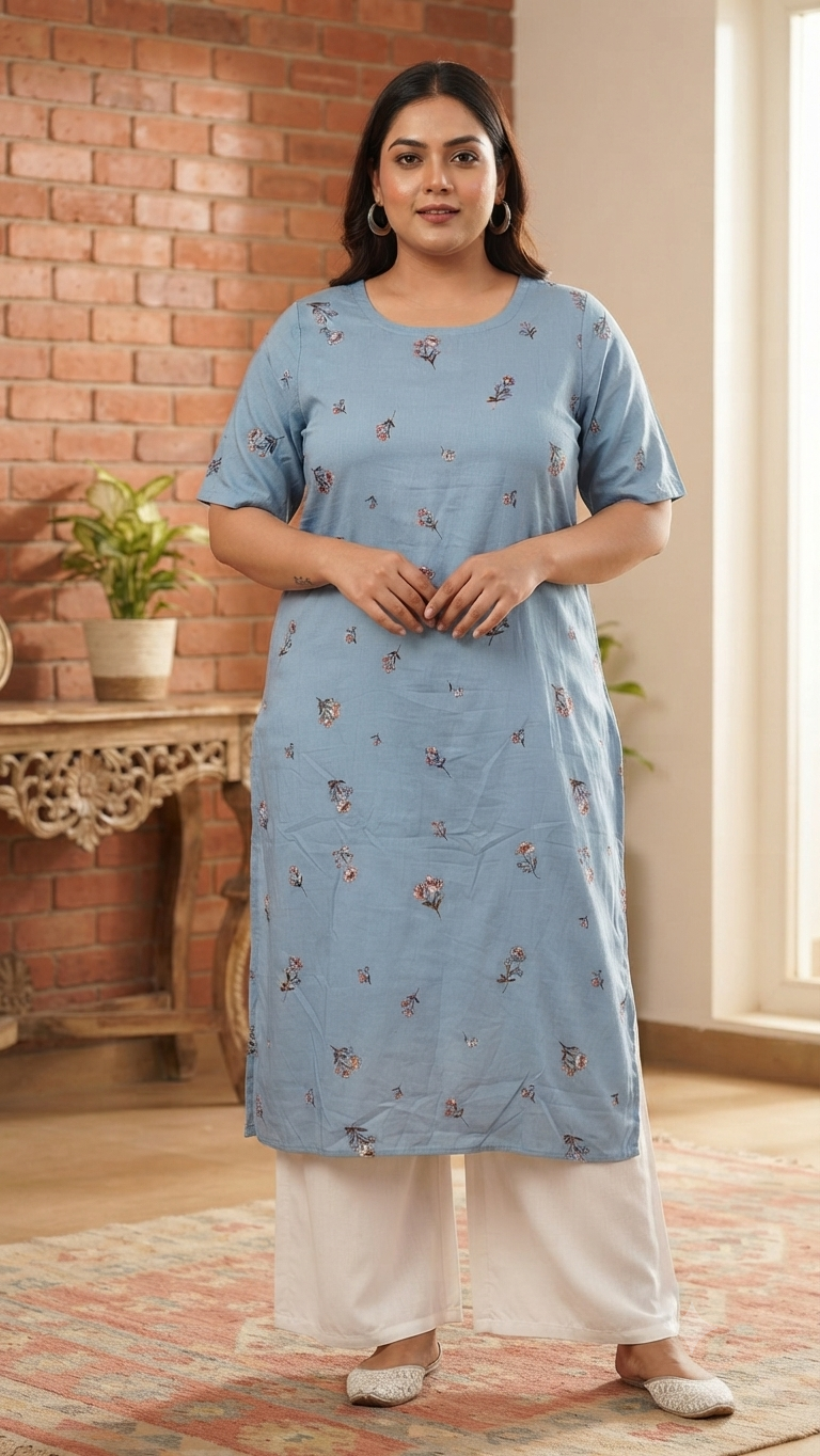 Women’s Dusty Sky Blue Floral Printed Rayon Straight-Cut Kurthi with Elbow Sleeves & Pocket