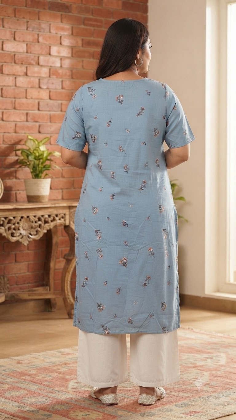 Women’s Dusty Sky Blue Floral Printed Rayon Straight-Cut Kurthi with Elbow Sleeves & Pocket