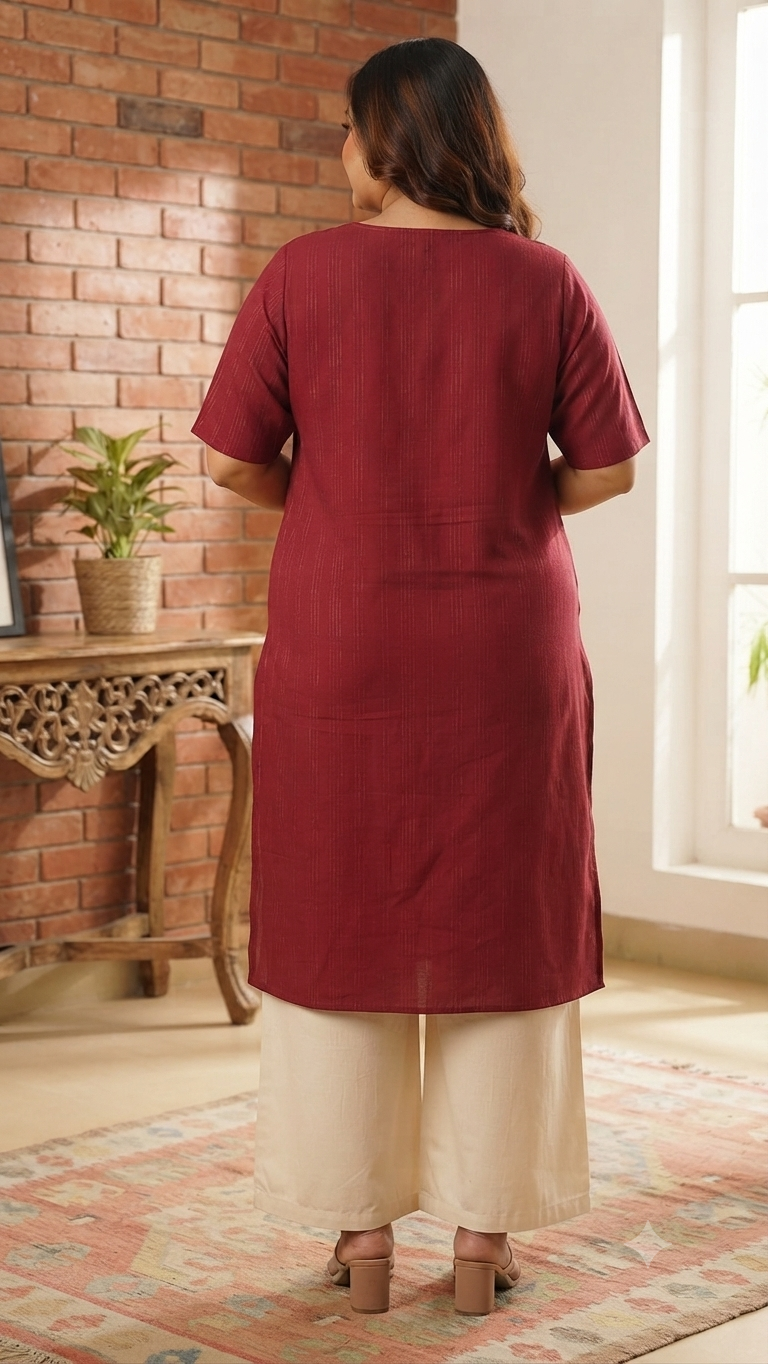 Womens Maroon color rayon Kurti - Golden Zari Lurex Stripes, Round Neck, Elbow Sleeves, Straight Cut with Pocket