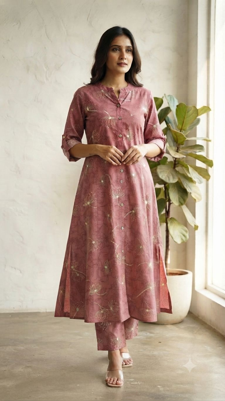 Women's Premium Dusty Pink Cotton Floral Print 2-Piece KurtiSet with Chinese Collar, Front Open Buttons, A-Line Princess Cut Top & Straight Pant