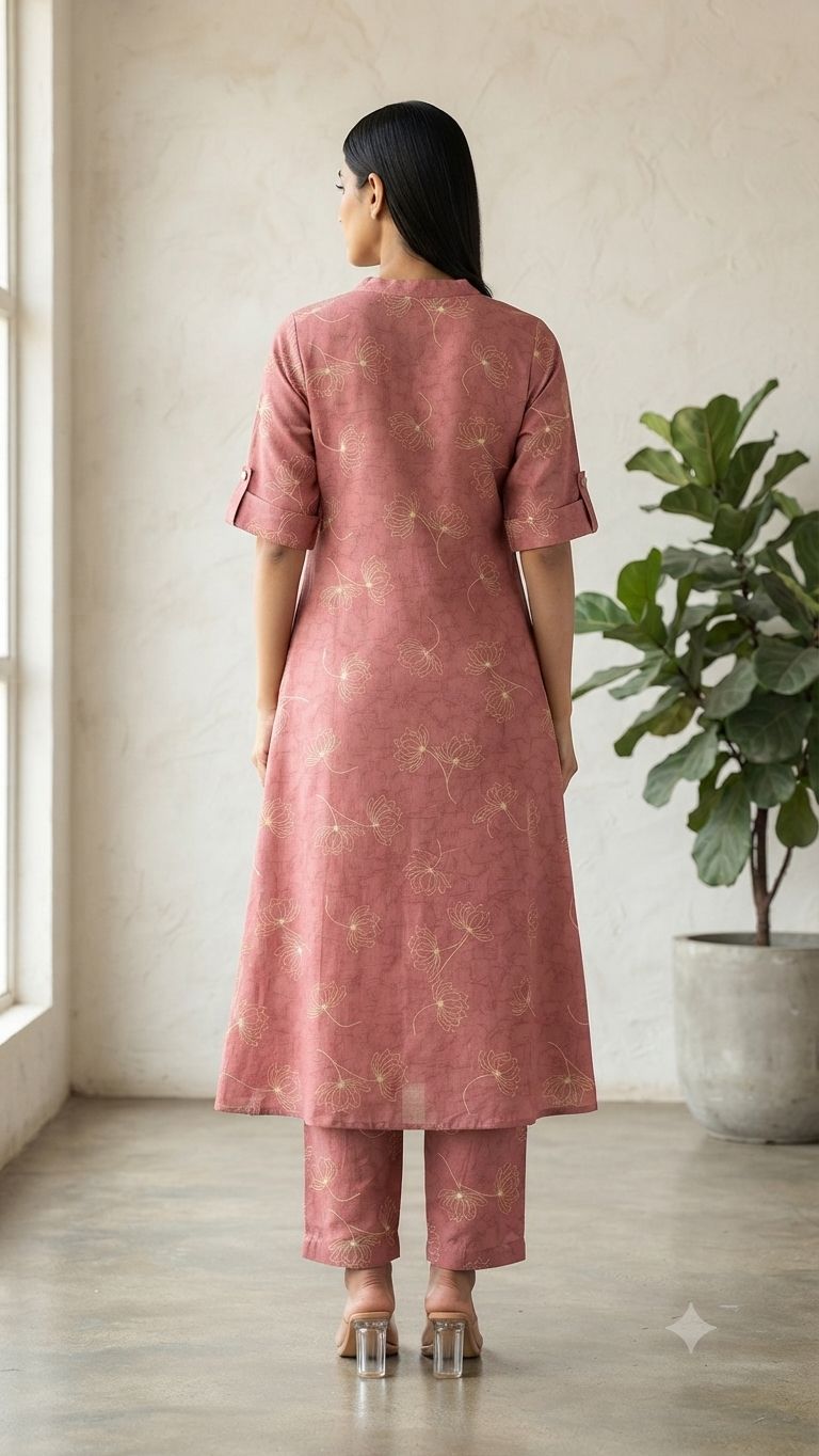 Women's Premium Dusty Pink Cotton Floral Print 2-Piece KurtiSet with Chinese Collar, Front Open Buttons, A-Line Princess Cut Top & Straight Pant