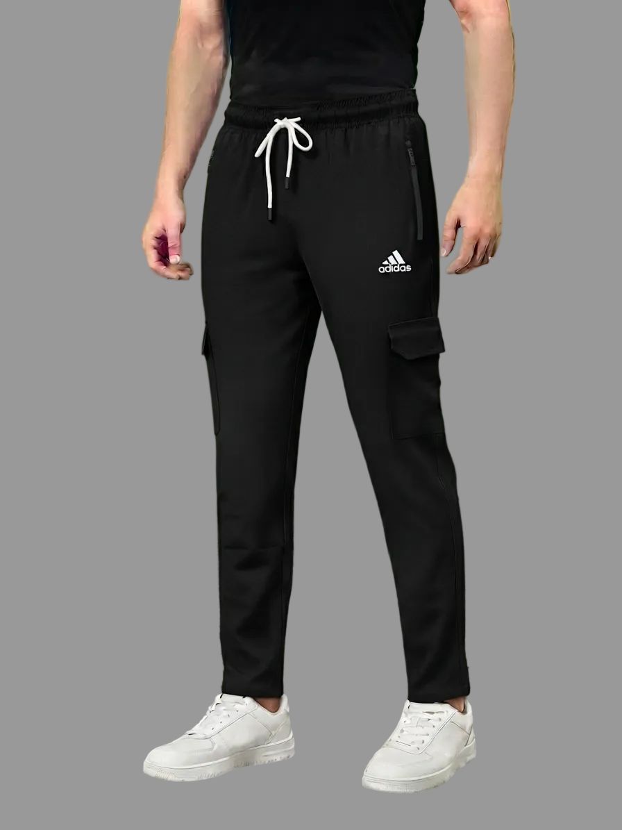Men's Black Sporty Cargo Track Pants with Zipper Pockets