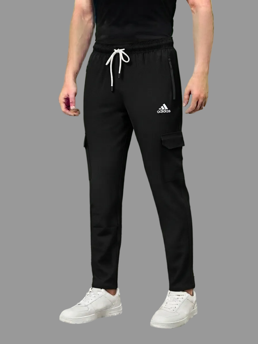Men's Black Sporty Cargo Track Pants with Zipper Pockets