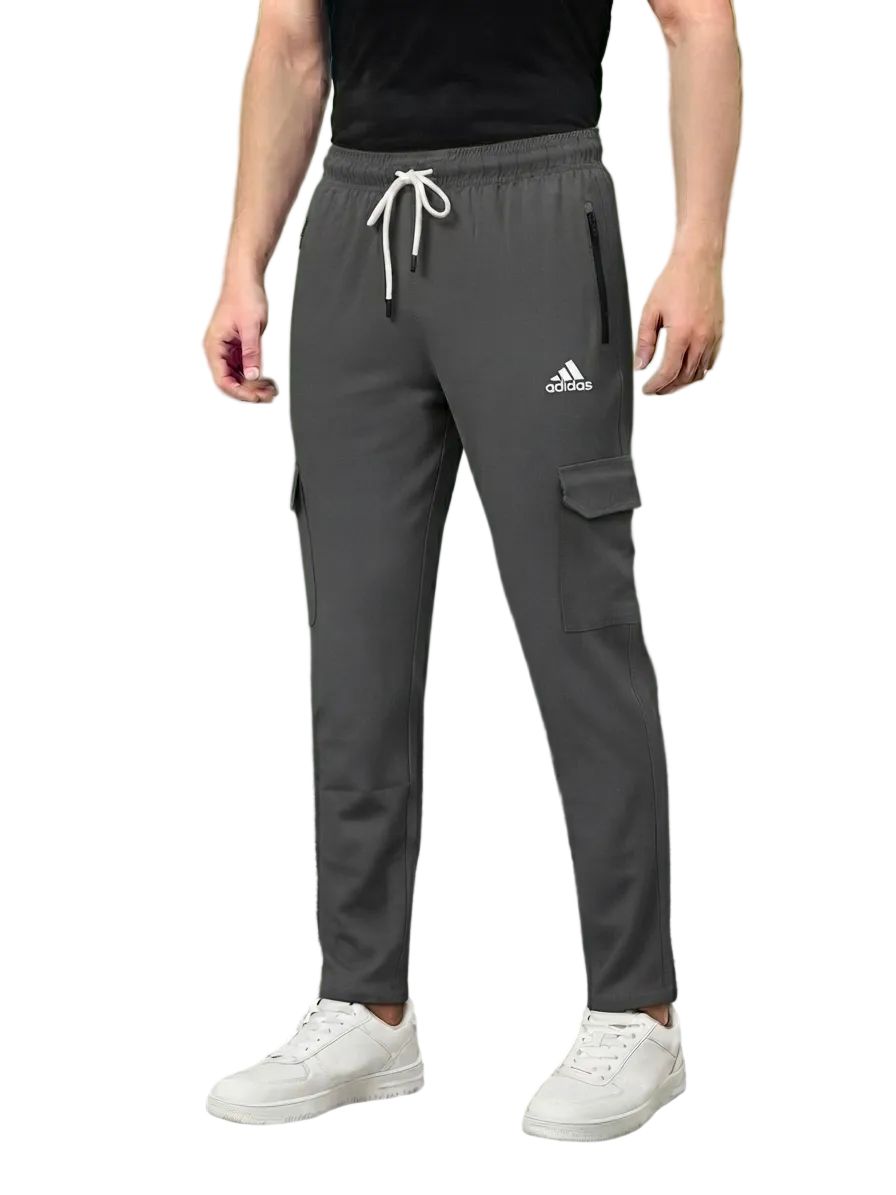 Men's Dark Grey Sporty Cargo Track Pants with Zipper Pockets