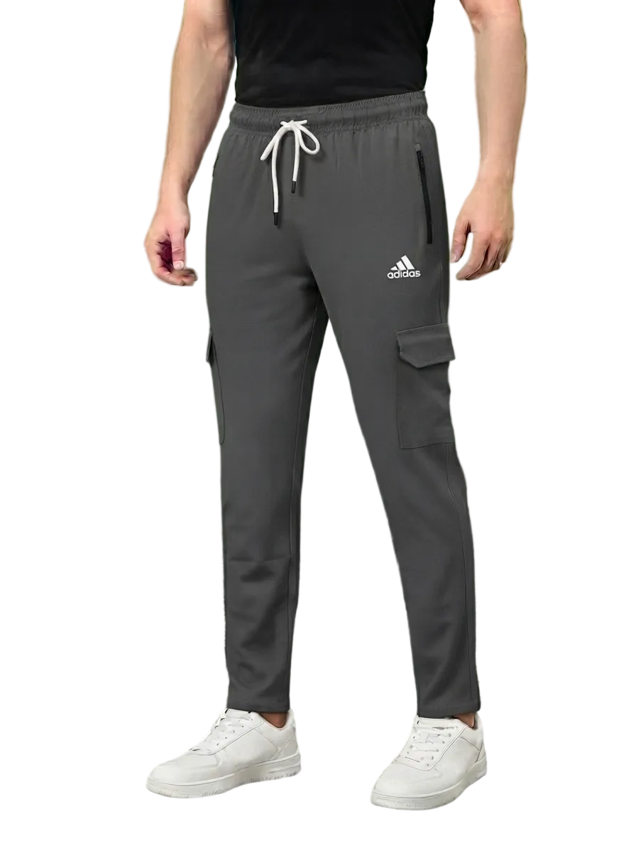 Men's Dark Grey Sporty Cargo Track Pants with Zipper Pockets