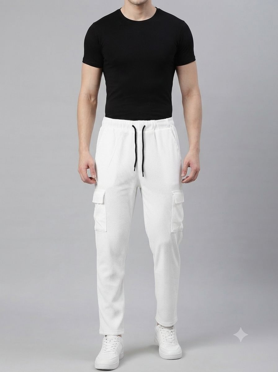 Men's White Sporty Cargo Track Pants with Zipper Pockets