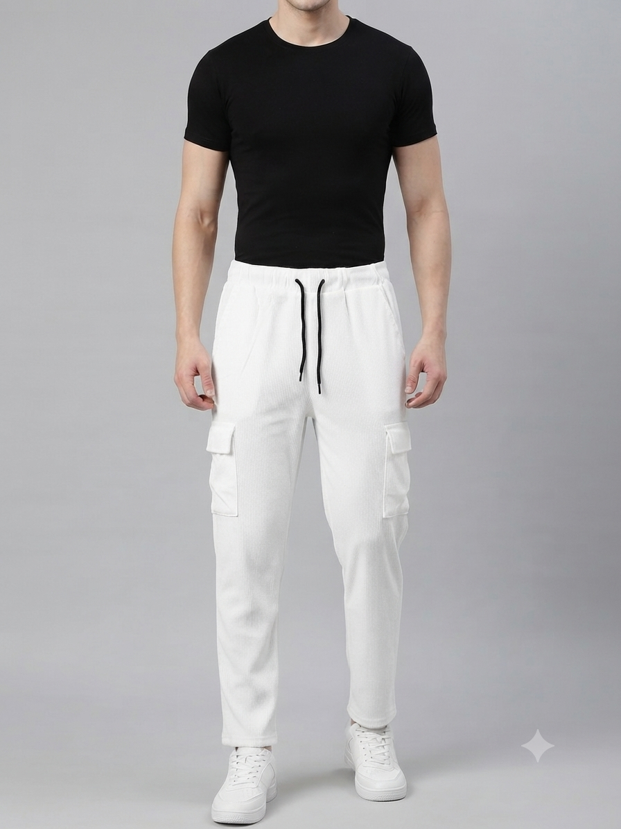 Men's White Sporty Cargo Track Pants with Zipper Pockets