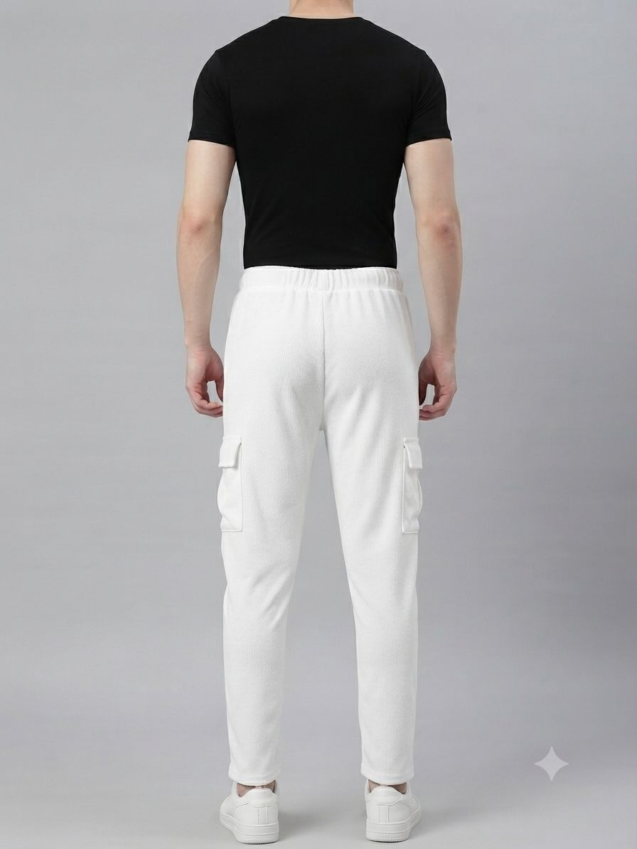Men's White Sporty Cargo Track Pants with Zipper Pockets