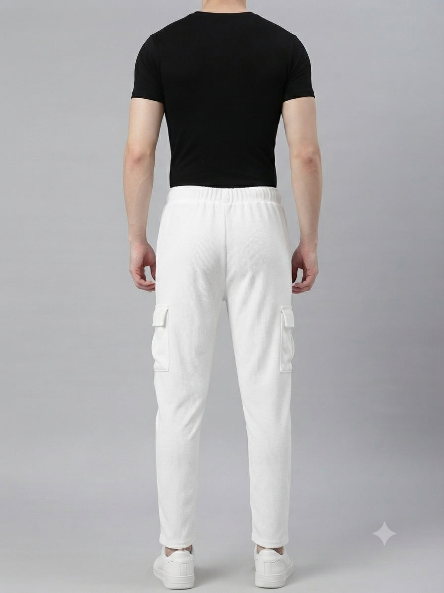 Men's White Sporty Cargo Track Pants with Zipper Pockets