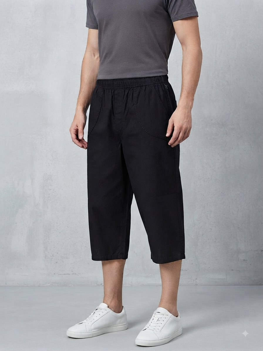 Men’s Black Colour Cotton 3/4-Length Casual Shorts with Elastic Waist & Side Pockets
