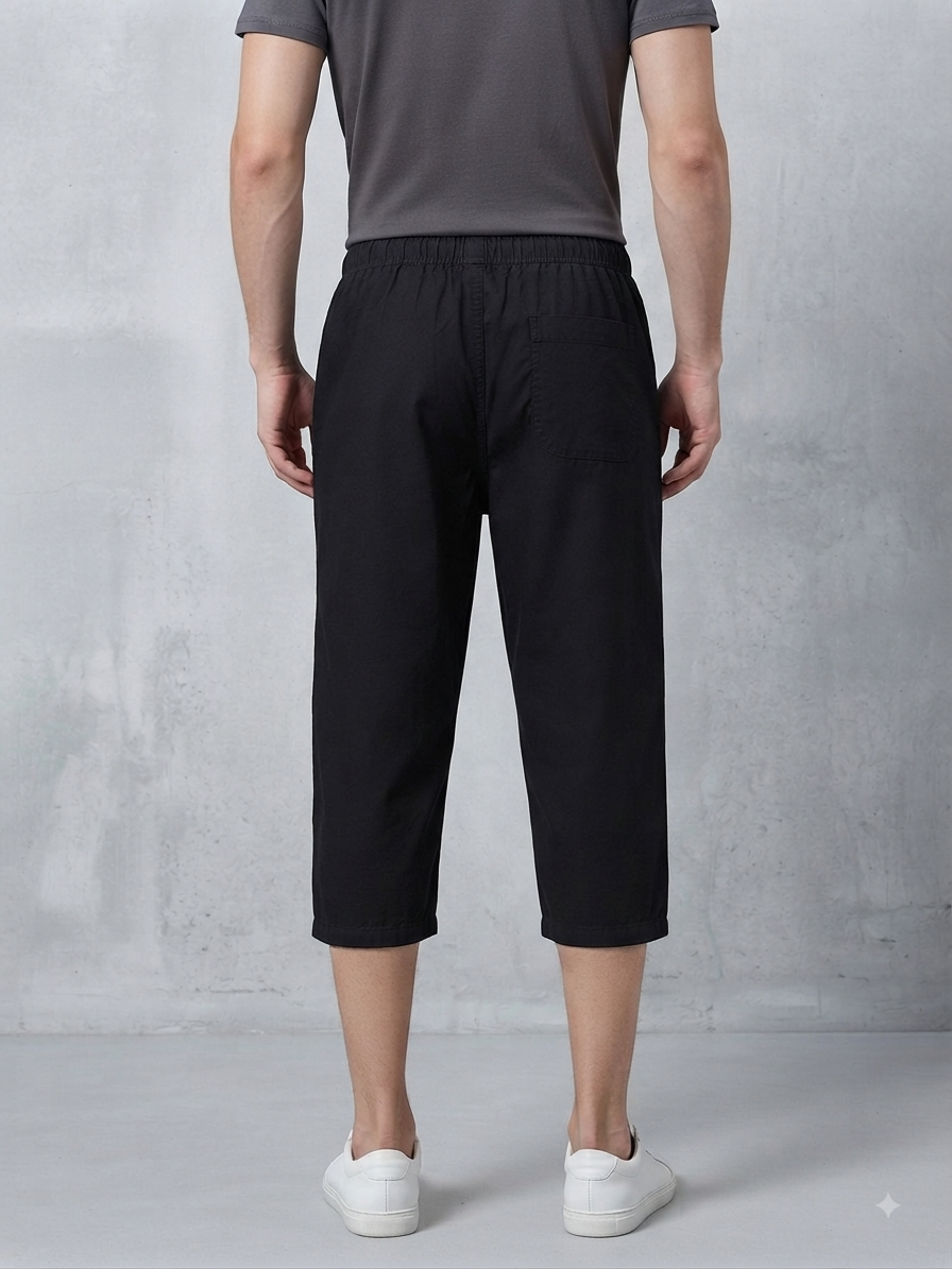 Men’s Black Colour Cotton 3/4-Length Casual Shorts with Elastic Waist & Side Pockets