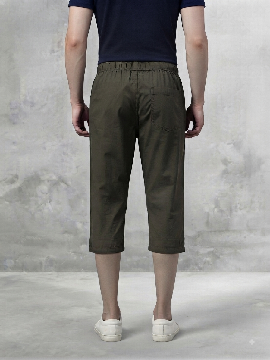 Men’s Dark olive green Cotton 3/4-Length Casual Shorts with Elastic Waist & Side Pockets Cotton 3/4-Length Casual Shorts with Elastic Waist & Side Pockets