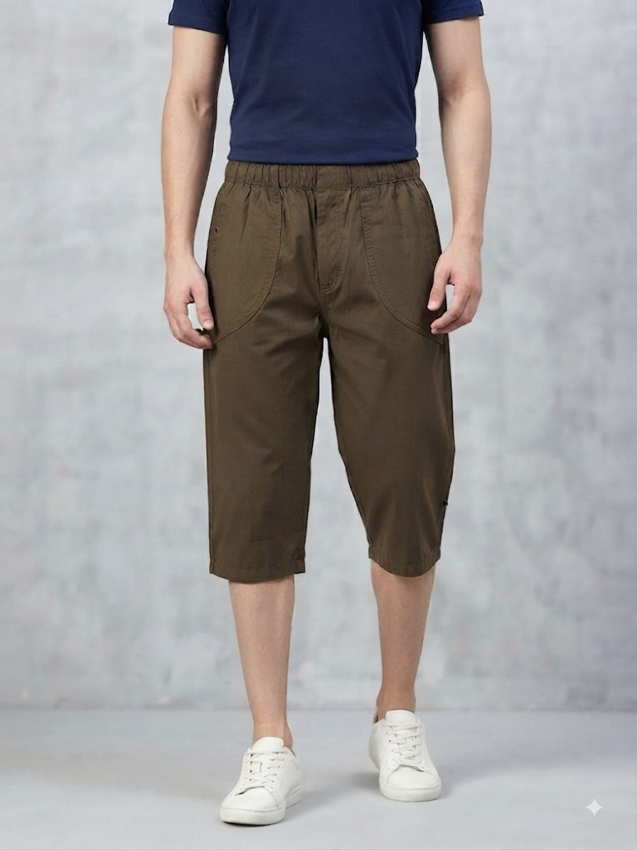 Men’s Brown color Cotton 3/4-Length Casual Shorts with Elastic Waist & Side Pockets