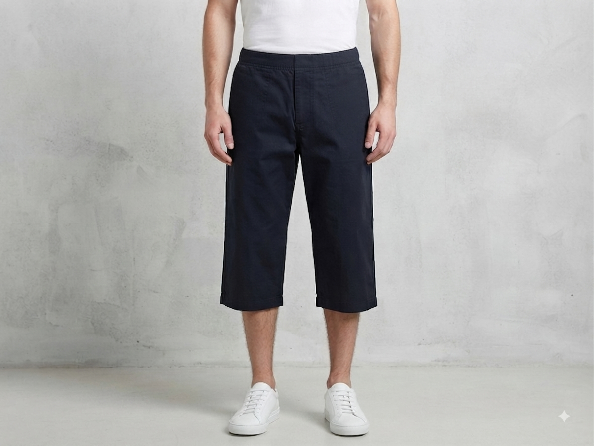 Men’s Navy Blue Cotton 3/4-Length Casual Shorts with Elastic Waist & Side Pockets