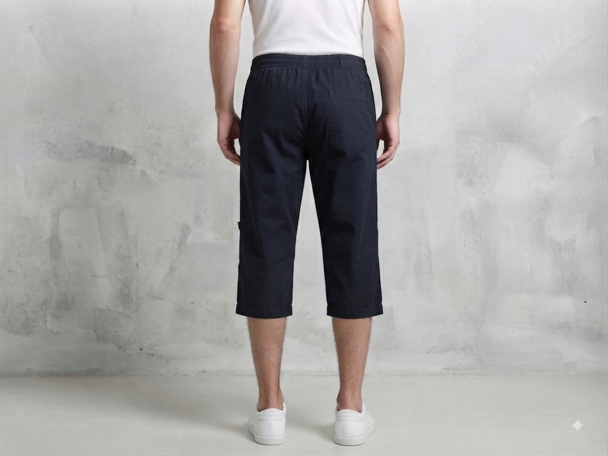 Men’s Navy Blue Cotton 3/4-Length Casual Shorts with Elastic Waist & Side Pockets