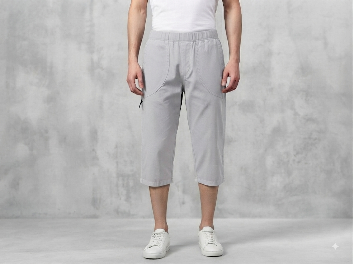 Men’s Light grey Cotton 3/4-Length Casual Shorts with Elastic Waist & Side Pockets