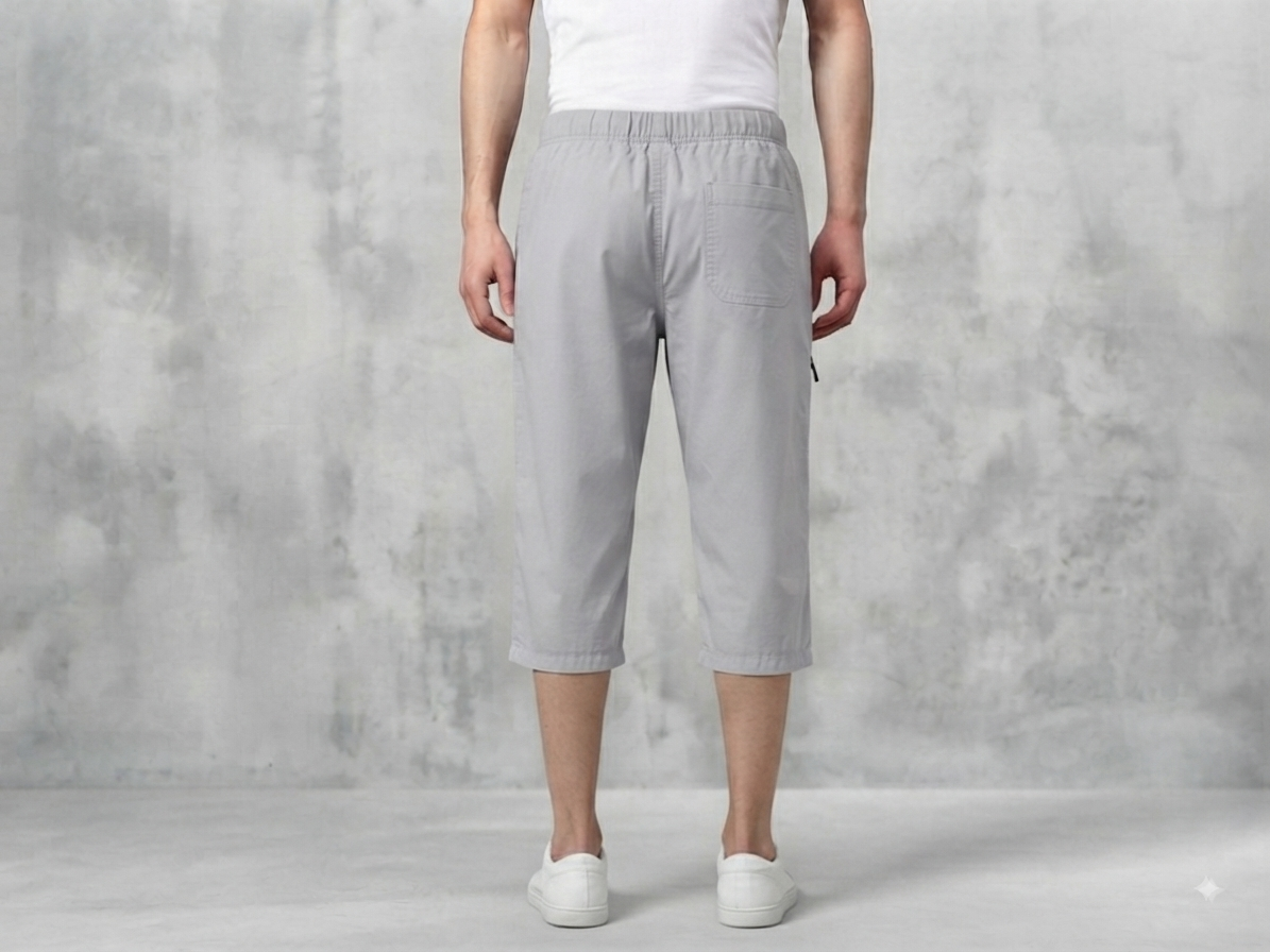 Men’s Light grey Cotton 3/4-Length Casual Shorts with Elastic Waist & Side Pockets