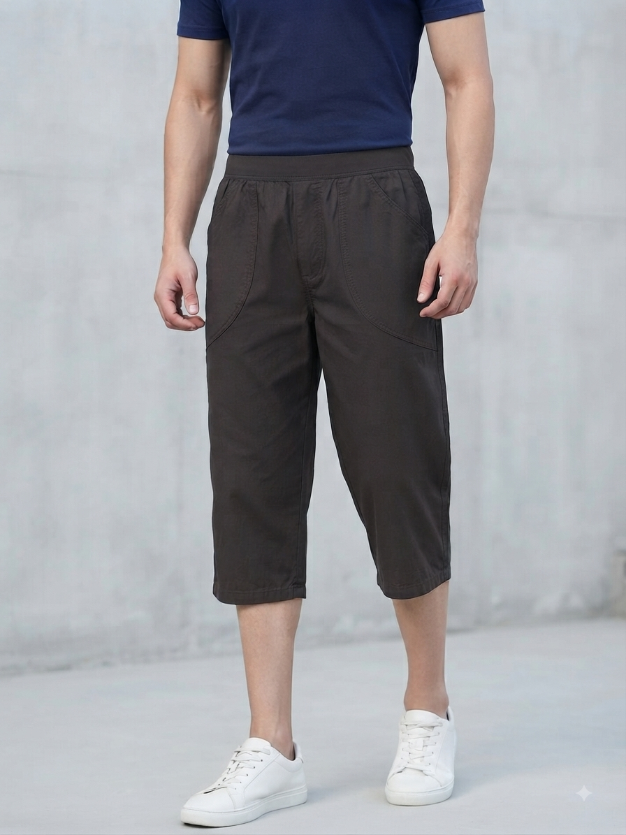 Men’s dark brown Cotton 3/4-Length Casual Shorts with Elastic Waist & Side Pockets