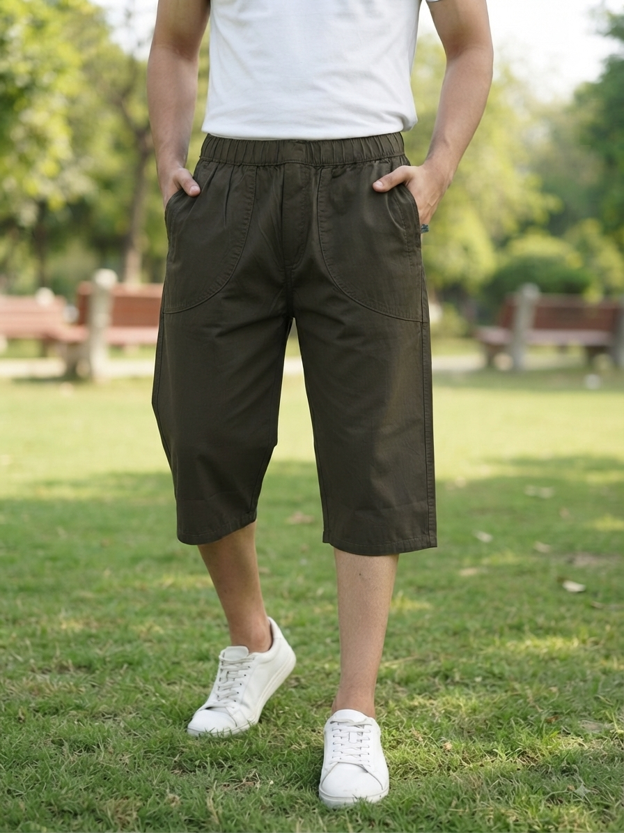 Men’s Dark Olive Green Cotton 3/4-Length Casual Shorts with Elastic Waist & Pockets