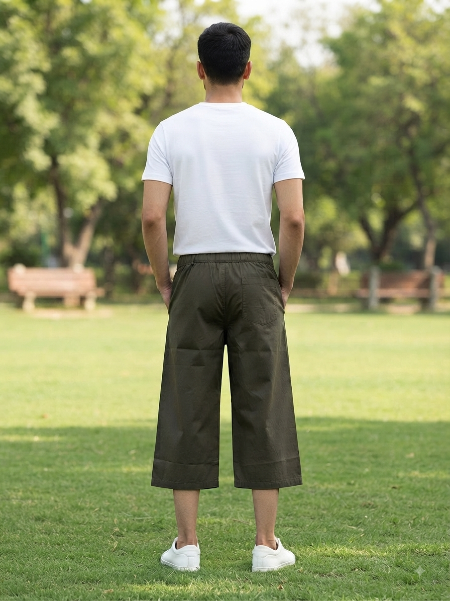 Men’s Dark Olive Green Cotton 3/4-Length Casual Shorts with Elastic Waist & Pockets