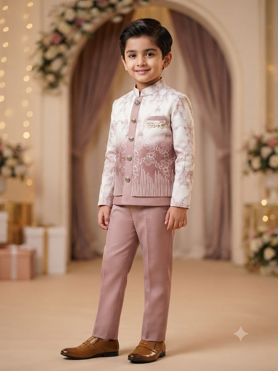 Boys Off-White and Dusty Rose Pink Coat and Pant Set