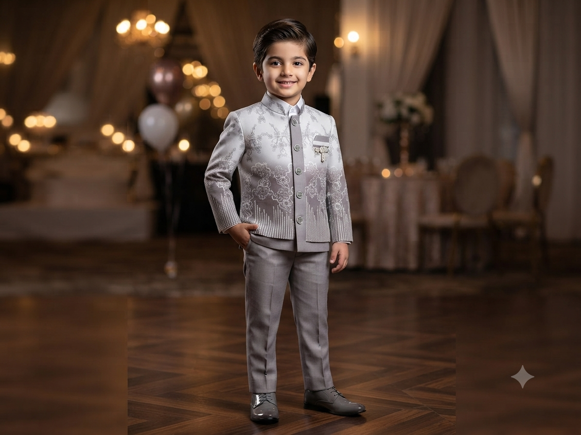 Boys Off-White Coat and Grey Pant Set