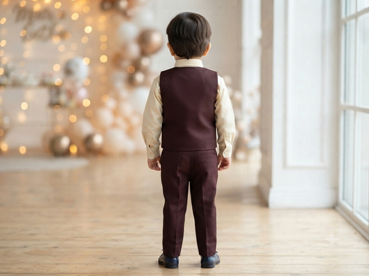 Boys Maroon and Beige Waistcoat, Shirt, Bowtie, and Pant Set