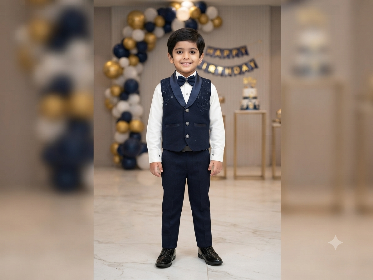Boys Navy Blue and White Embroidered Waistcoat, Shirt, Bowtie, and Pant Set