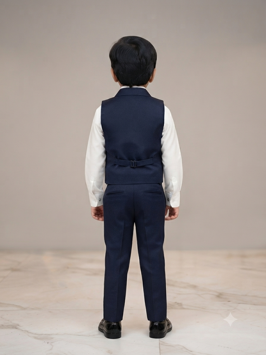 Boys Navy Blue and White Embroidered Waistcoat, Shirt, Bowtie, and Pant Set