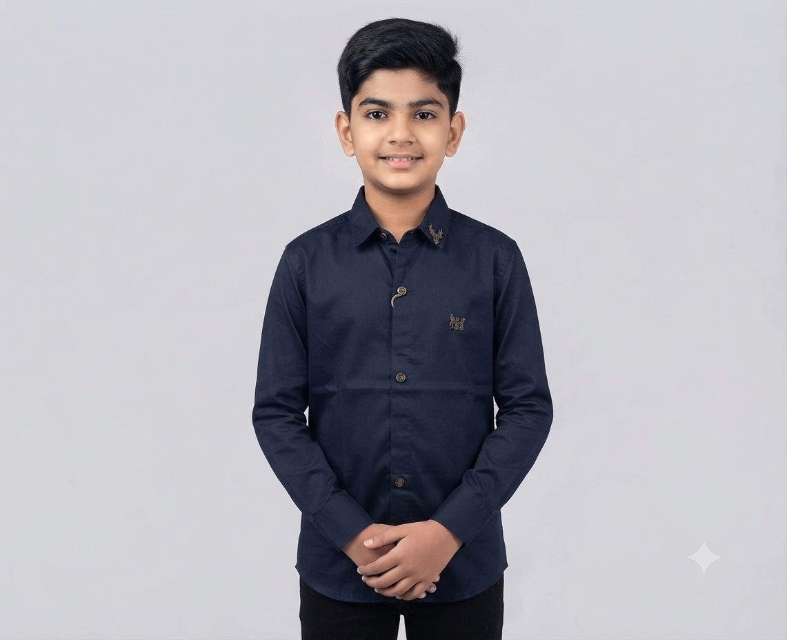 Boys Navy Blue Solid Casual Shirt