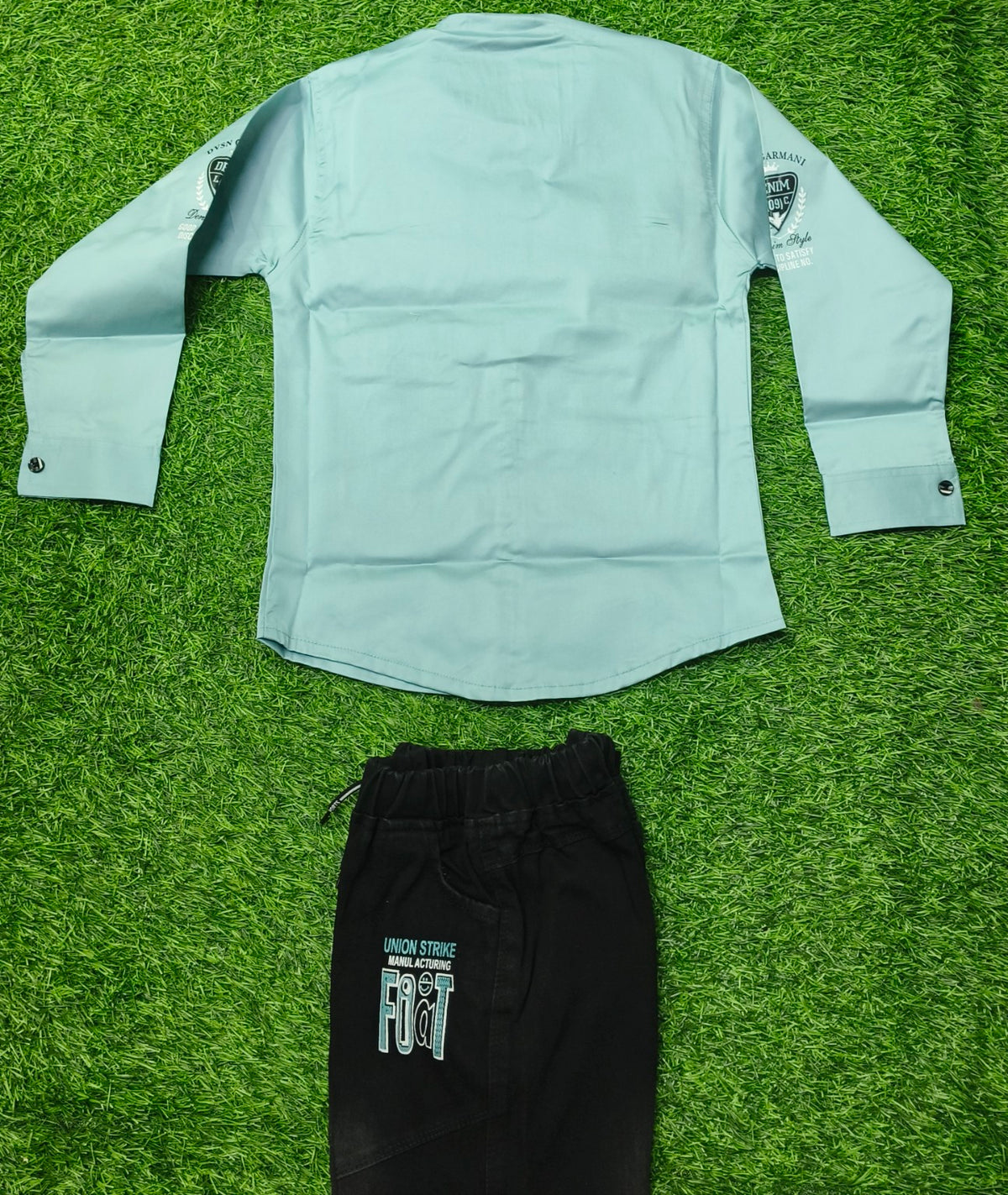 Boys Light Aqua Blue Full Sleeve Cotton Shirt with Black Pant Set