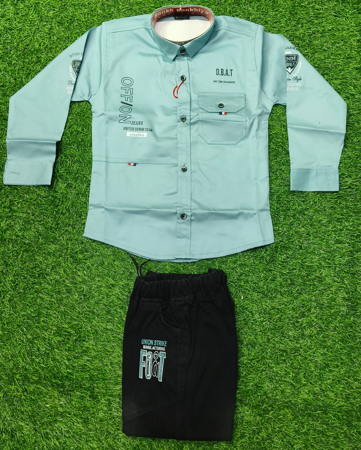 Boys Light Aqua Blue Full Sleeve Cotton Shirt with Black Pant Set