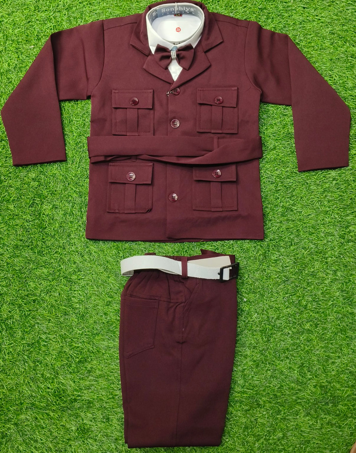 Boys Maroon Safari Blazer Party Wear Set with Pant