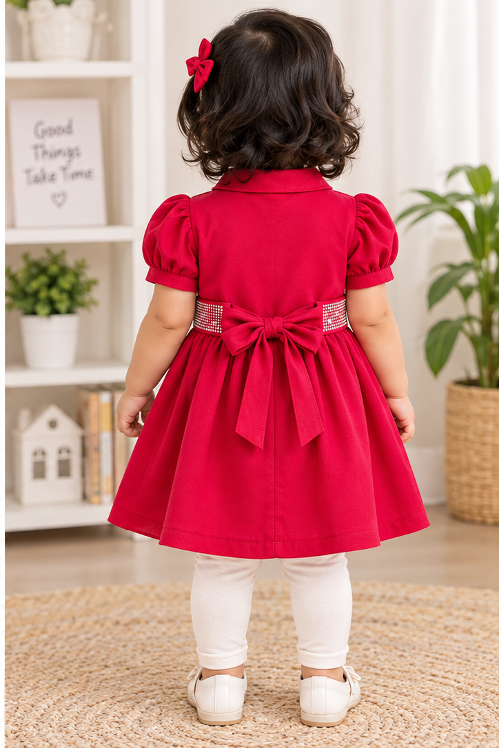 Girls Dark Pink Collared Puff Sleeve Frock with Cream Leggings