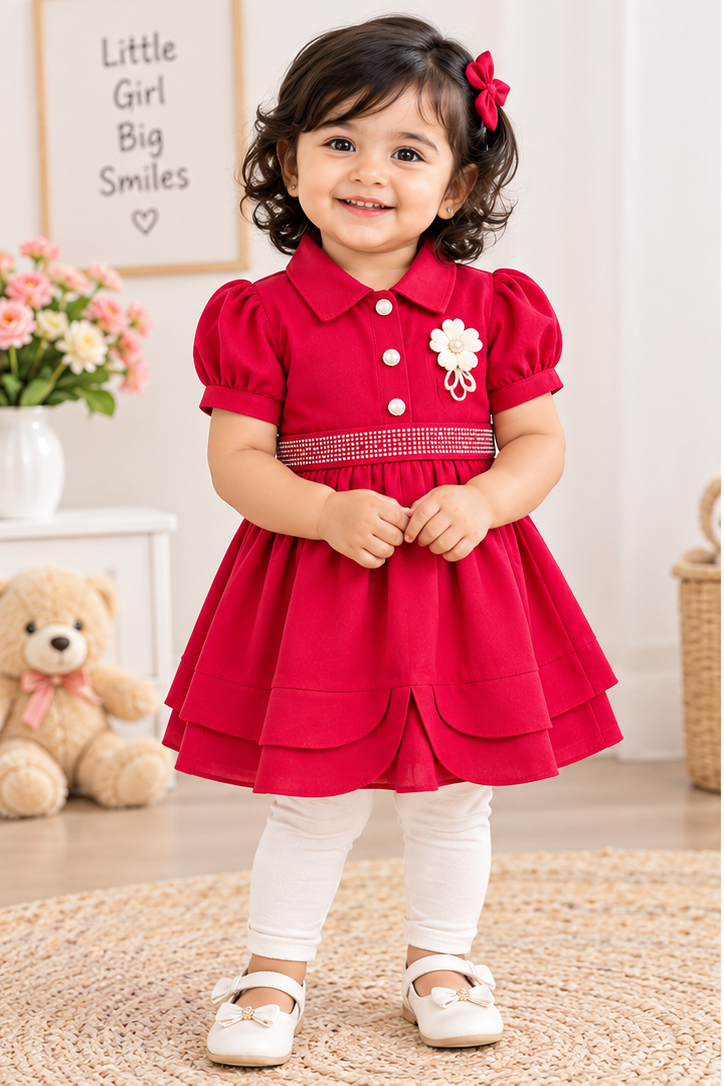 Girls Dark Pink Collared Puff Sleeve Frock with Cream Leggings