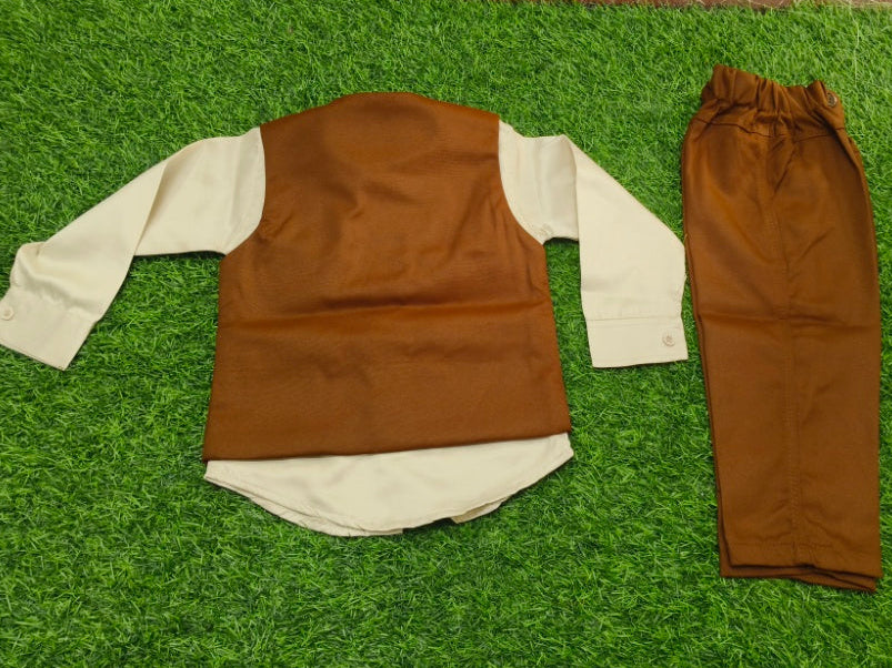 Boys Light Beige Printed Blazer Shirt & Pant Party Wear Set