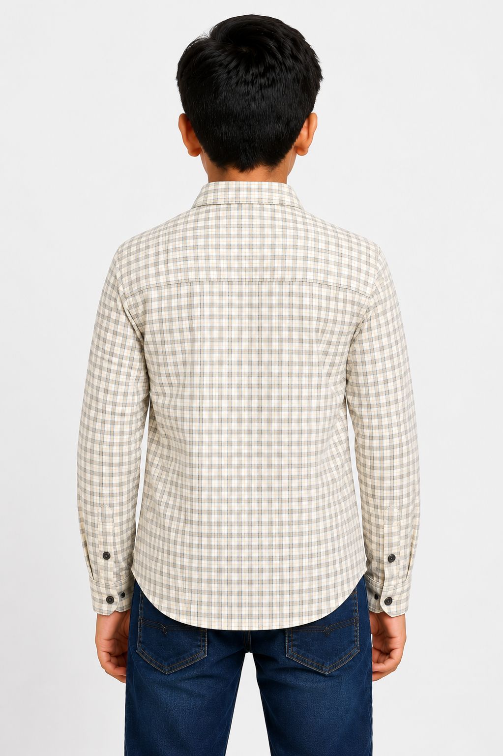 Boys Solid Long Sleeve Button Down Shirt  (Cream & Grey Checks)