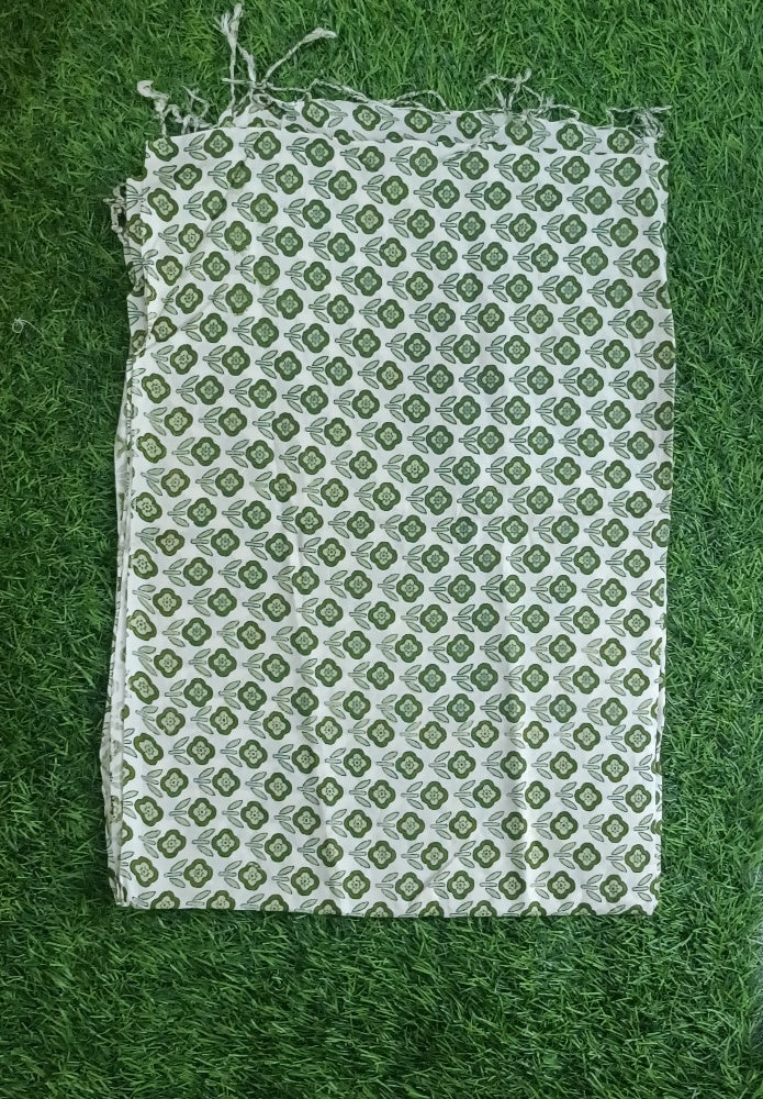 Classic Green and White Floral Printed Stole with Fringe Accents