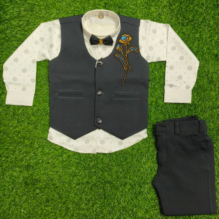 Boys Charcoal Grey and White Rose Embroidered Vest Coat, Shirt, and Charcoal Grey Elastic Waist Pant Set
