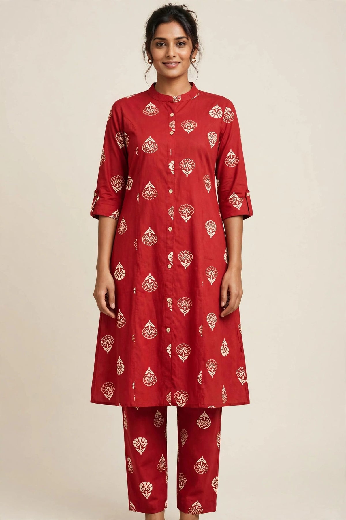 Women's Premium Maroon Cotton Floral Print 2-Piece KurtiSet with Chinese Collar, Front Open Buttons, A-Line Princess Cut Top & Straight Pant