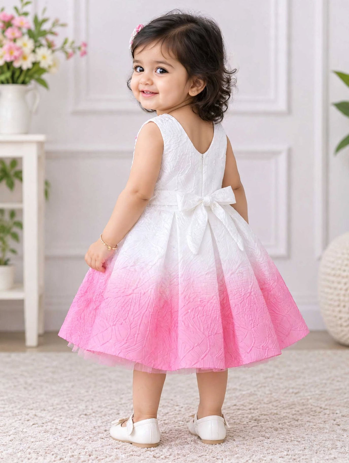 Girls Light Pink Floral Party Wear Frock