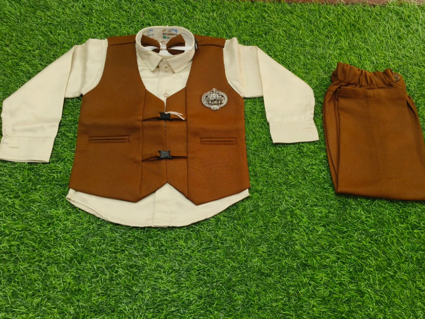Boys Light Beige Printed Blazer Shirt & Pant Party Wear Set