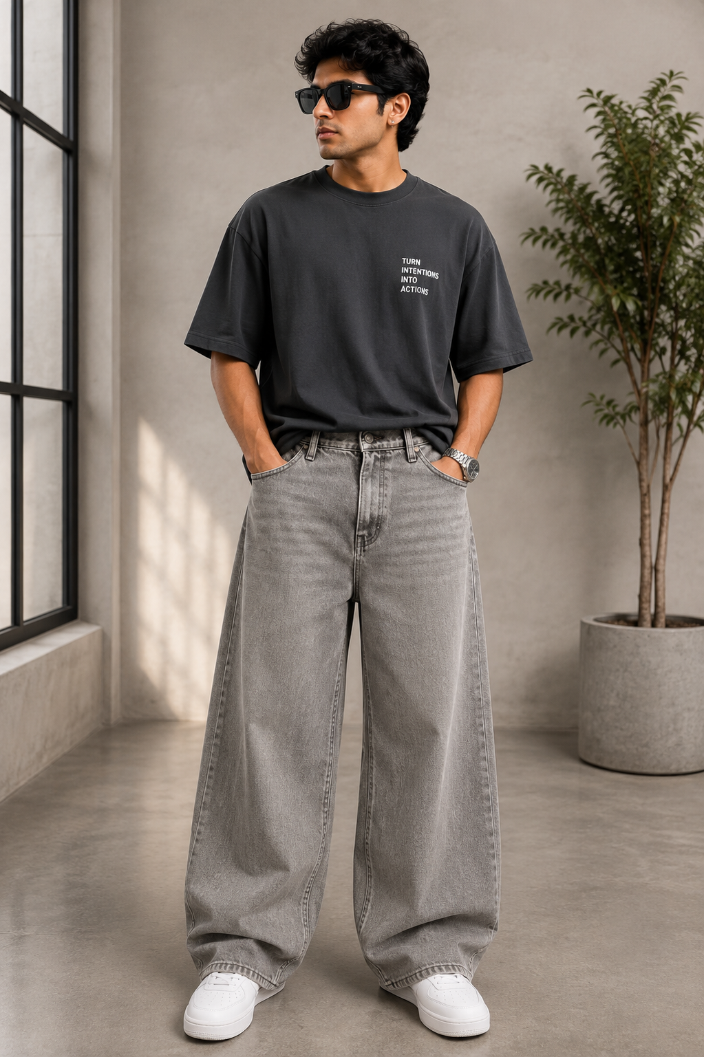 Jack & Jones Charcoal  Wash Baggy Fit Black Jeans With Button Fly