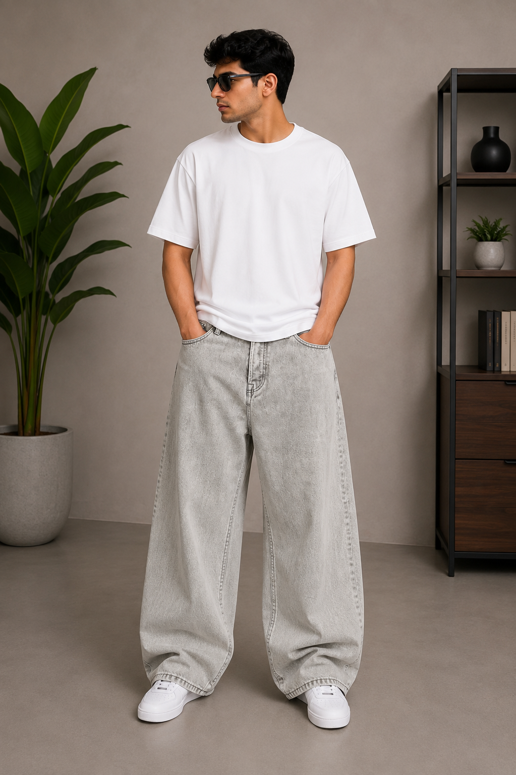 Grey Colour Jack & Jones Relaxed fit Baggy Jeans With Button Fly