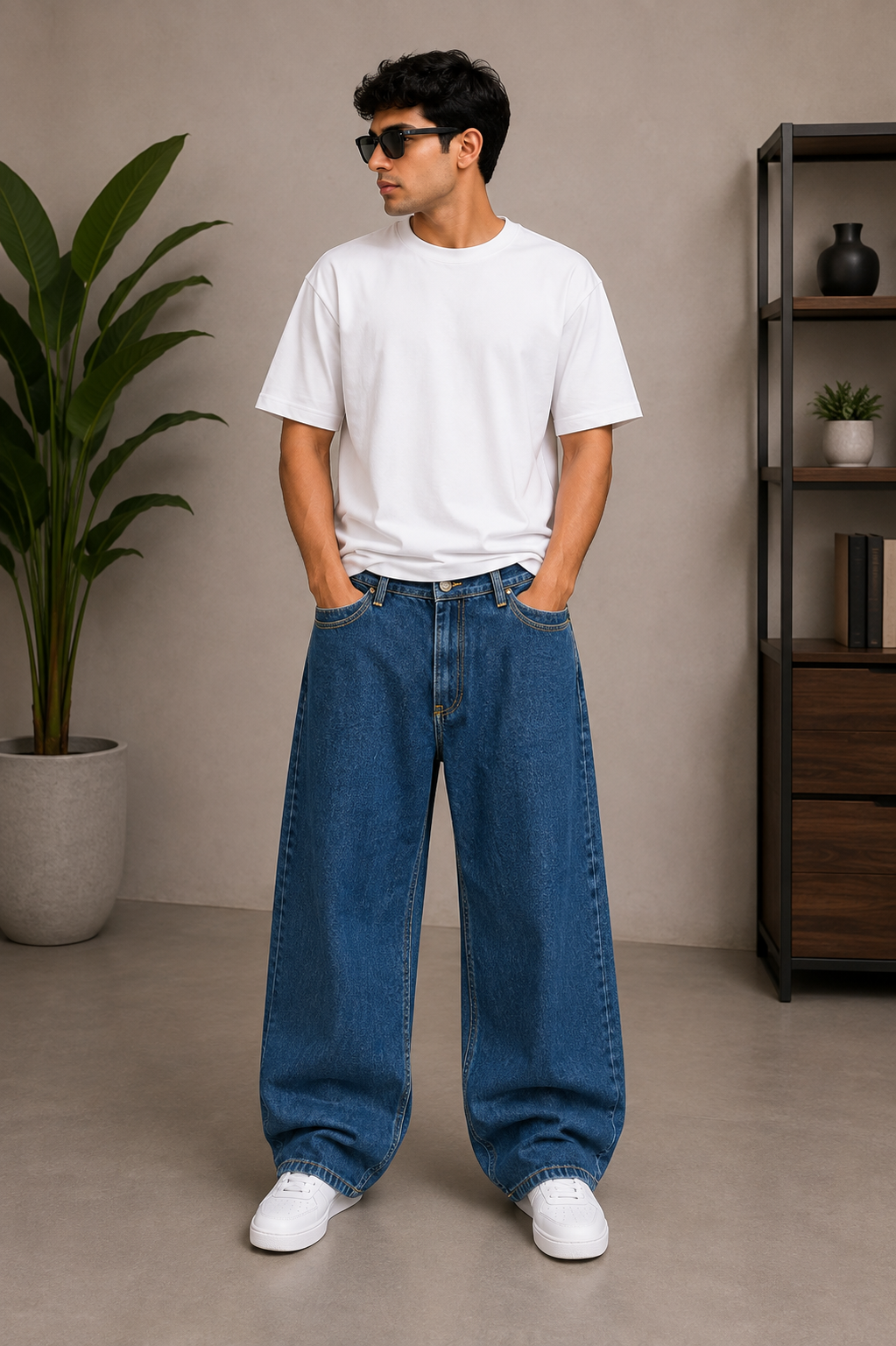 Men's Blue Solid Baggy fit Jeans