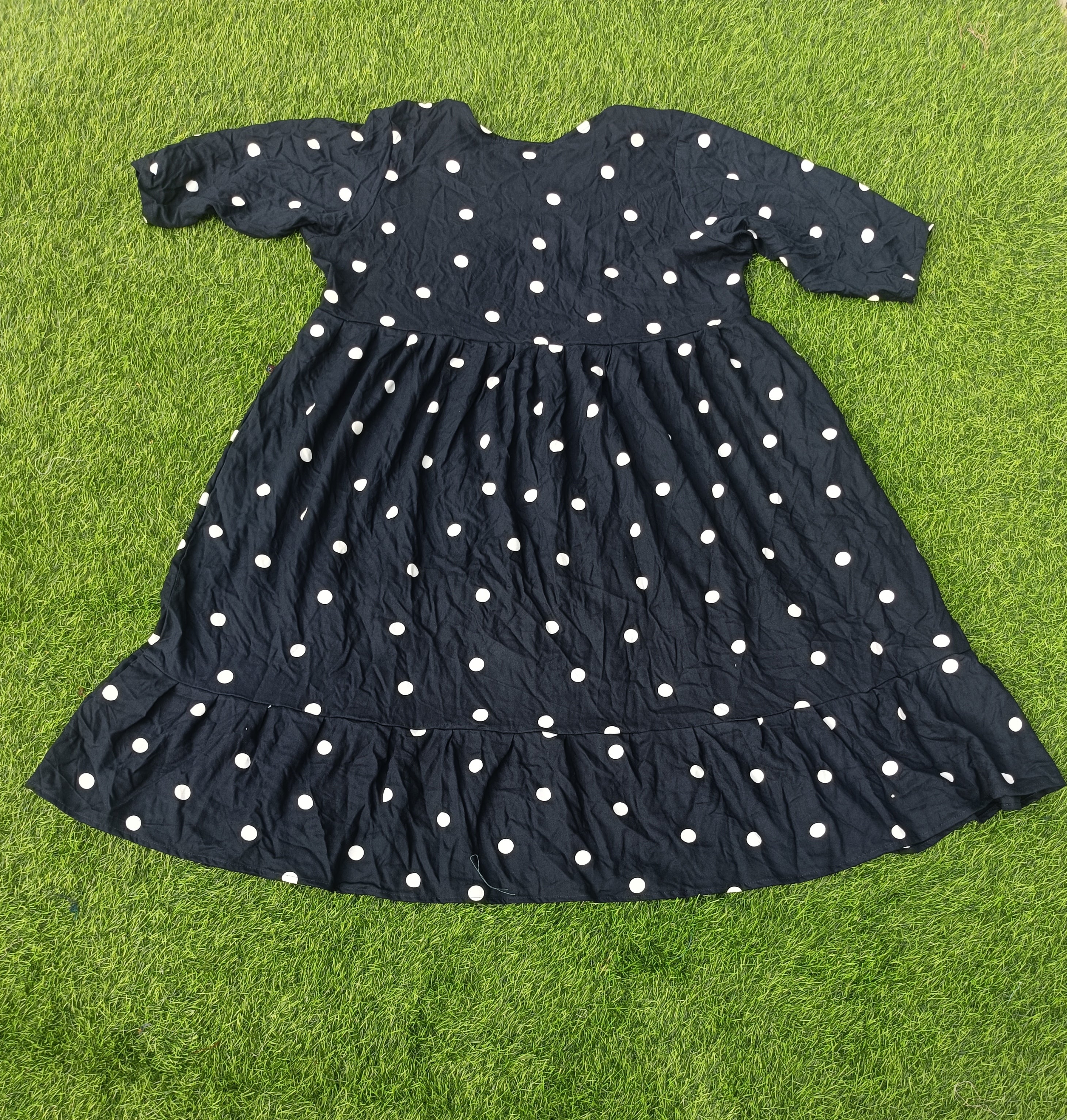 Women's Navy Blue Polka Dot Flared Umbrella model kurti with Elbow Sleeves