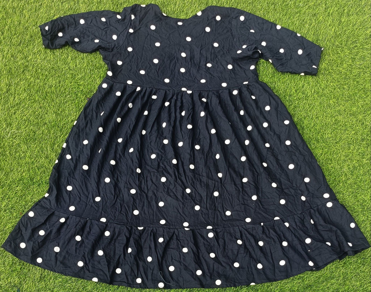 Women's Navy Blue Polka Dot Flared Umbrella model kurti with Elbow Sleeves